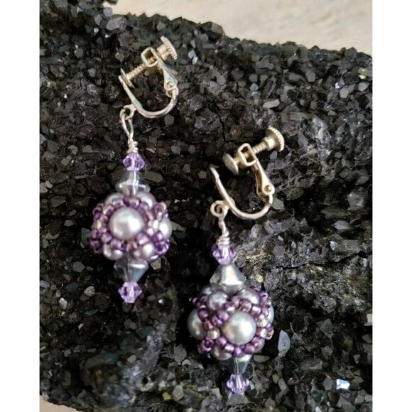 Set of Multi Color Glass Beads Faux Gray Pearl Bracelet Clip On Dangle Earrings - Picture 3 of 5